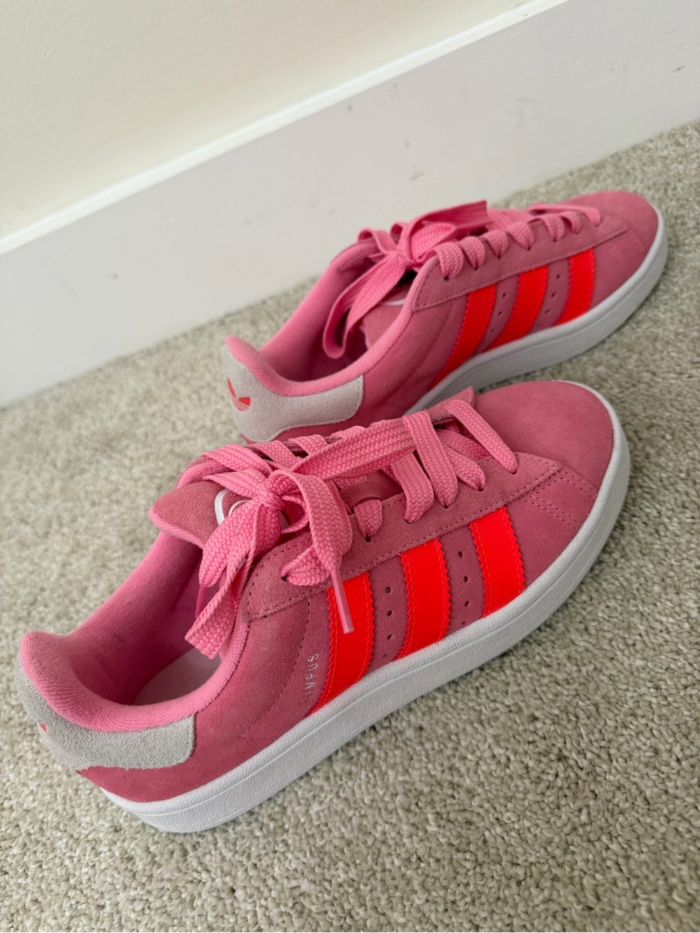 Brand new never worn Adidas' Pink campus Sneakers with Neon Orange- red stripes - Picture 7 of 7
